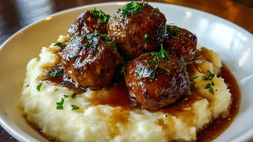 Salisbury Steak Meatballs with Garlic Herb Mashed Potatoes