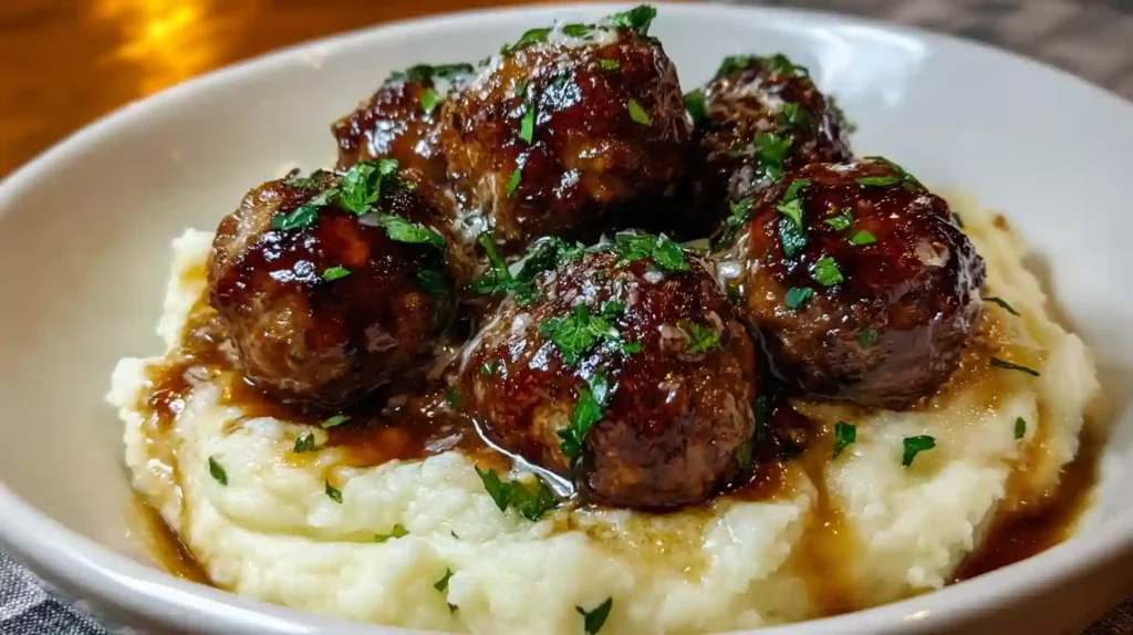 Salisbury Steak Meatballs with Garlic Herb Mashed Potatoes