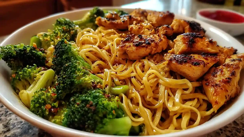 Spicy Garlic Chicken and Broccoli Noodle Bowls