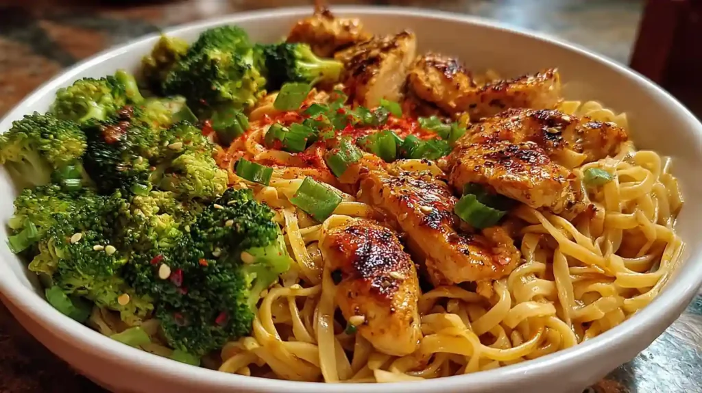 Spicy Garlic Chicken and Broccoli Noodle Bowls