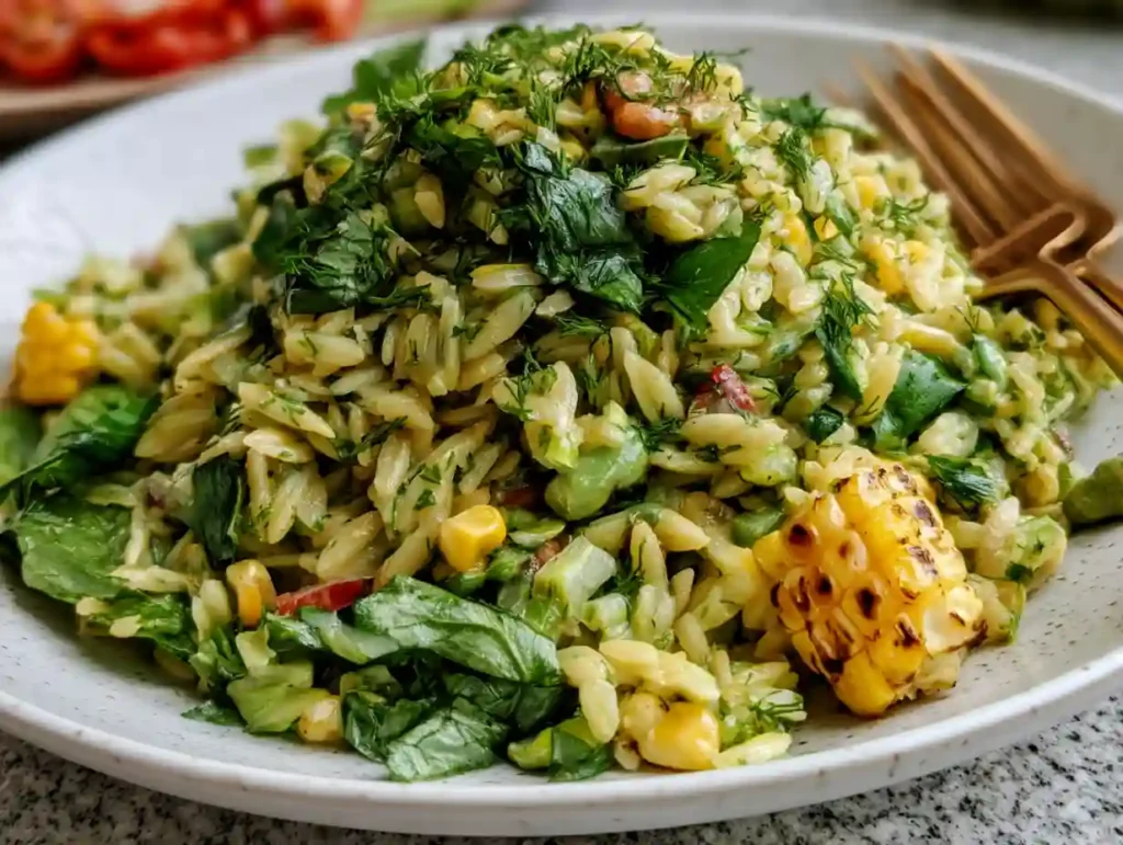Grilled Corn Orzo Salad with Scallion Dill Dressing
