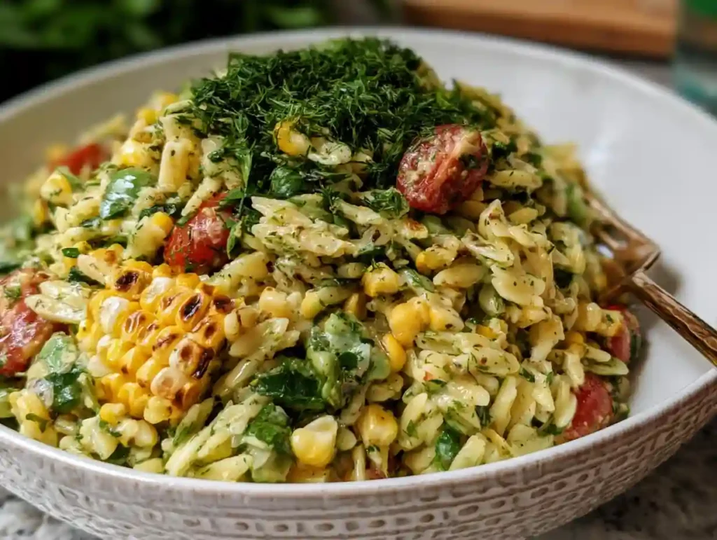 Grilled Corn Orzo Salad with Scallion Dill Dressing