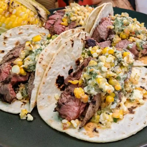 grilled steak elote tacos
