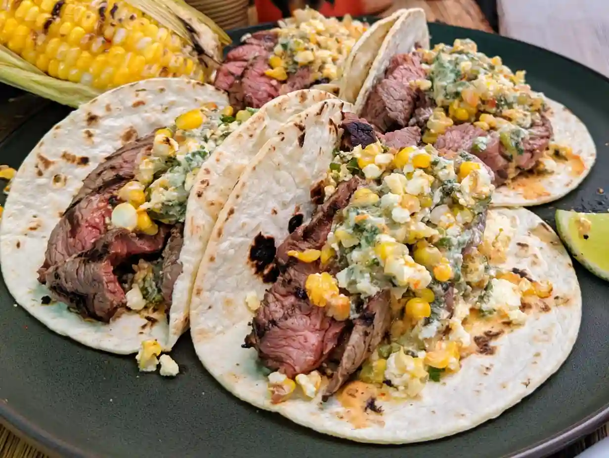 grilled steak elote tacos
