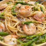 One Pan Shrimp Asparagus Carbonara