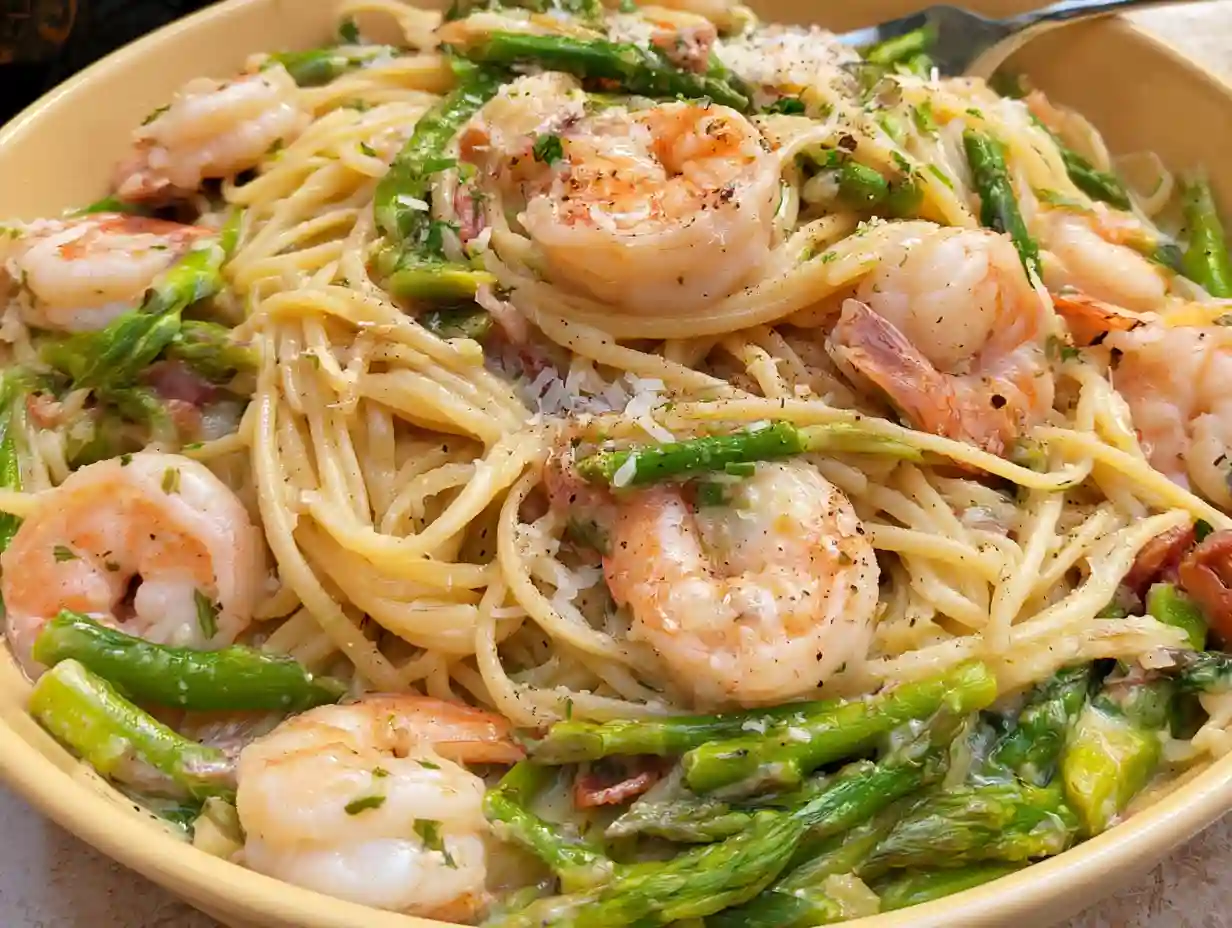 One Pan Shrimp Asparagus Carbonara