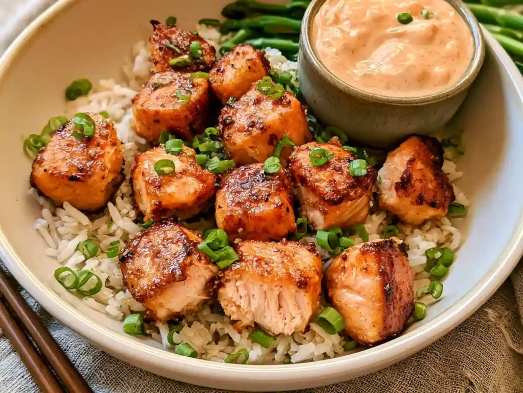 10 Minute Air Fryer Salmon Bites with Bang Bang Sauce