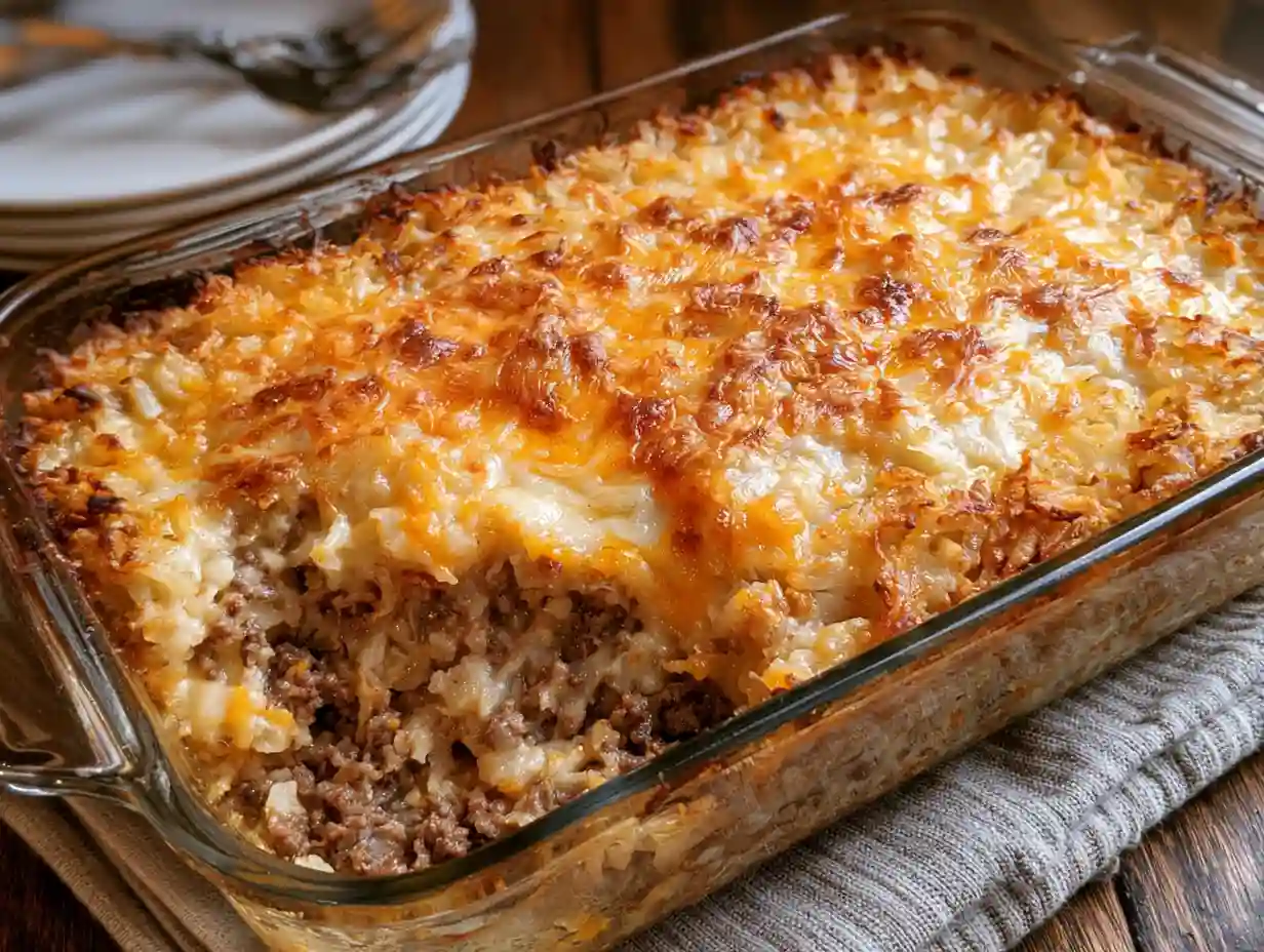 Oven Baked 4-ingredient Amish beef and hashbrown casserole