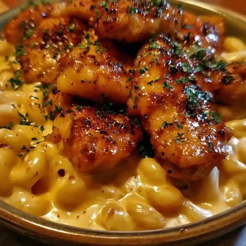 Sweet and Spicy Honey Pepper Chicken with Creamy Macaroni Cheese