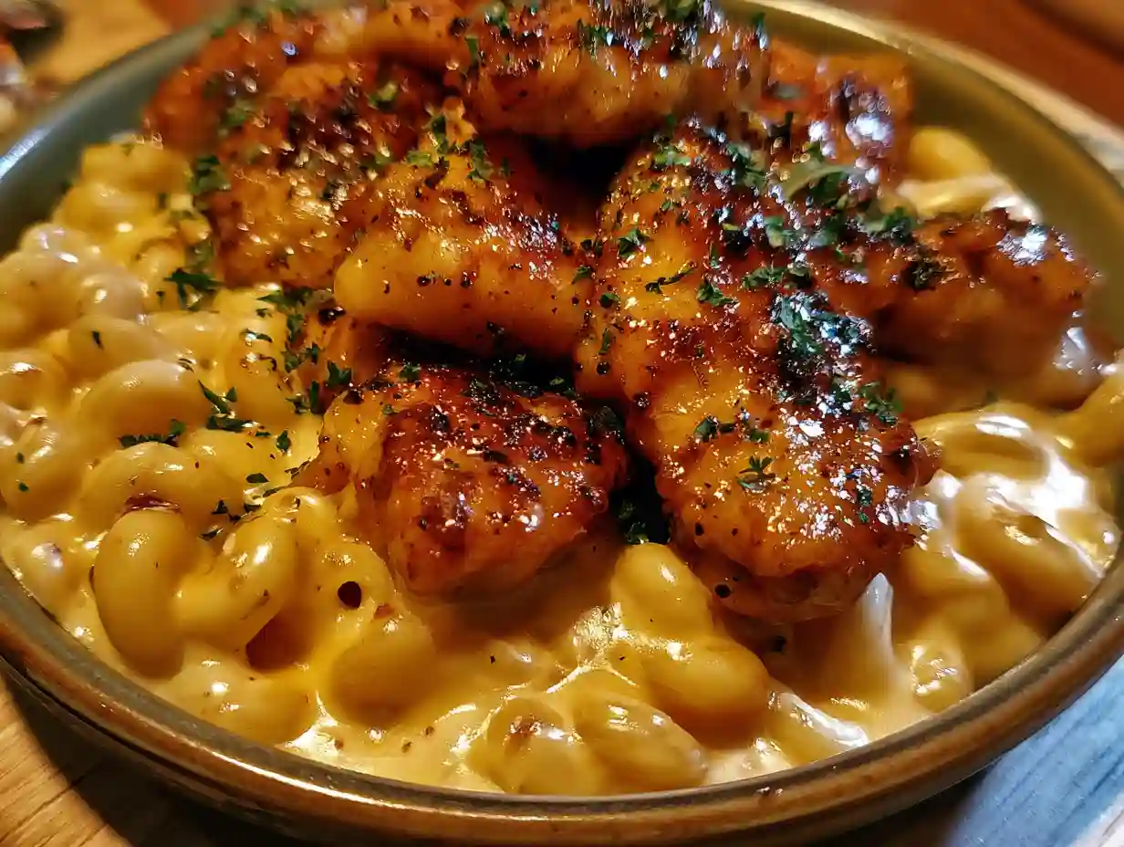 Sweet and Spicy Honey Pepper Chicken with Creamy Macaroni Cheese