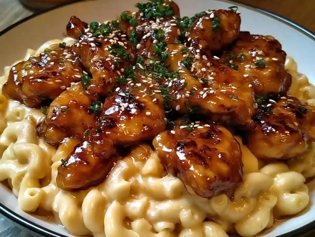 Sweet and Spicy Honey Pepper Chicken with Creamy Macaroni Cheese